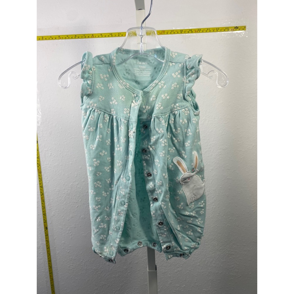 Carters‎ Baby Girl 12M Mint Green Floral Bunny Romper Sleeveless Snaps Ruffle
